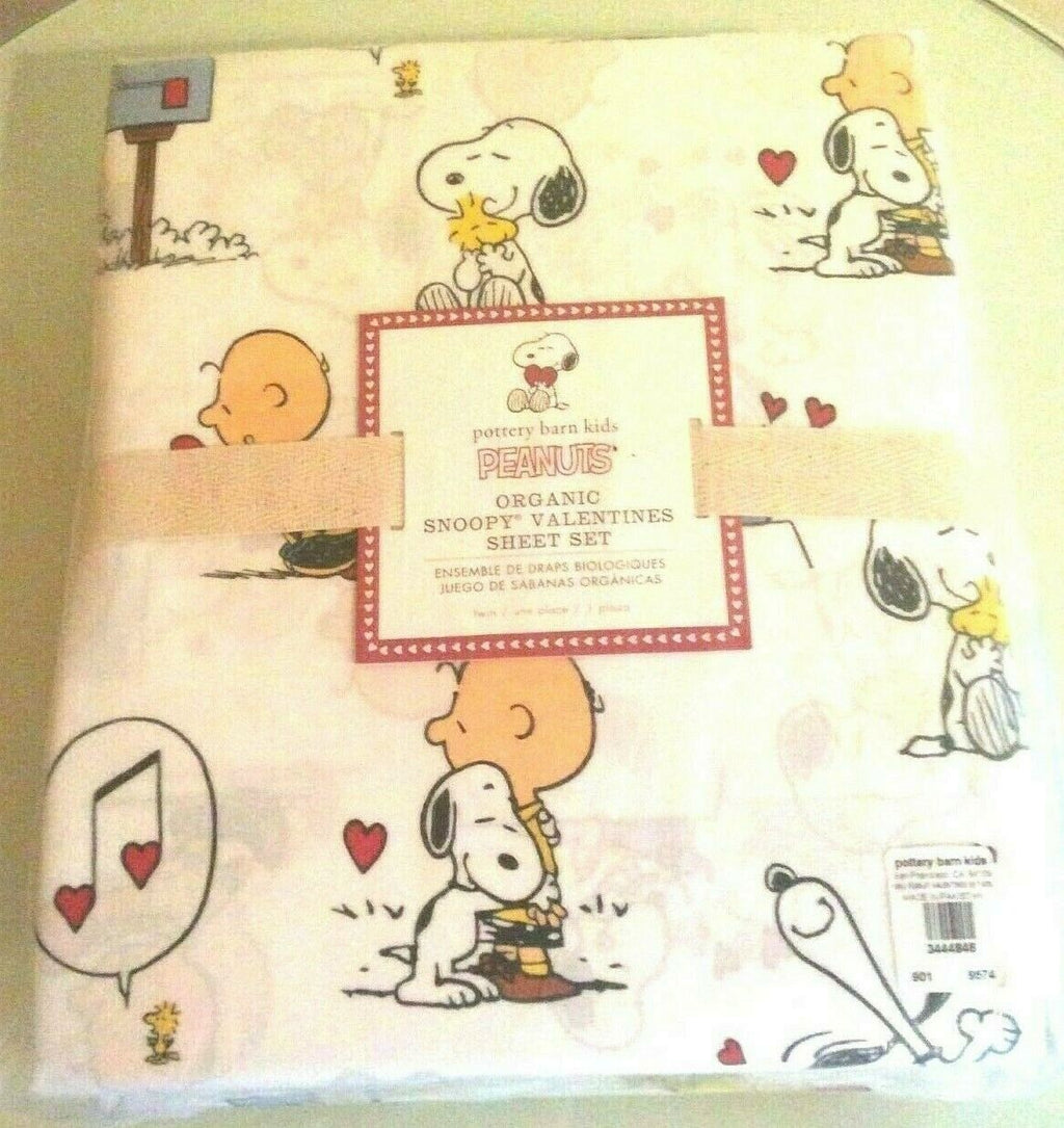 Snoopy Pottery Barn Holiday Birthday Peanuts TWIN Sheet set heart disney  ]
