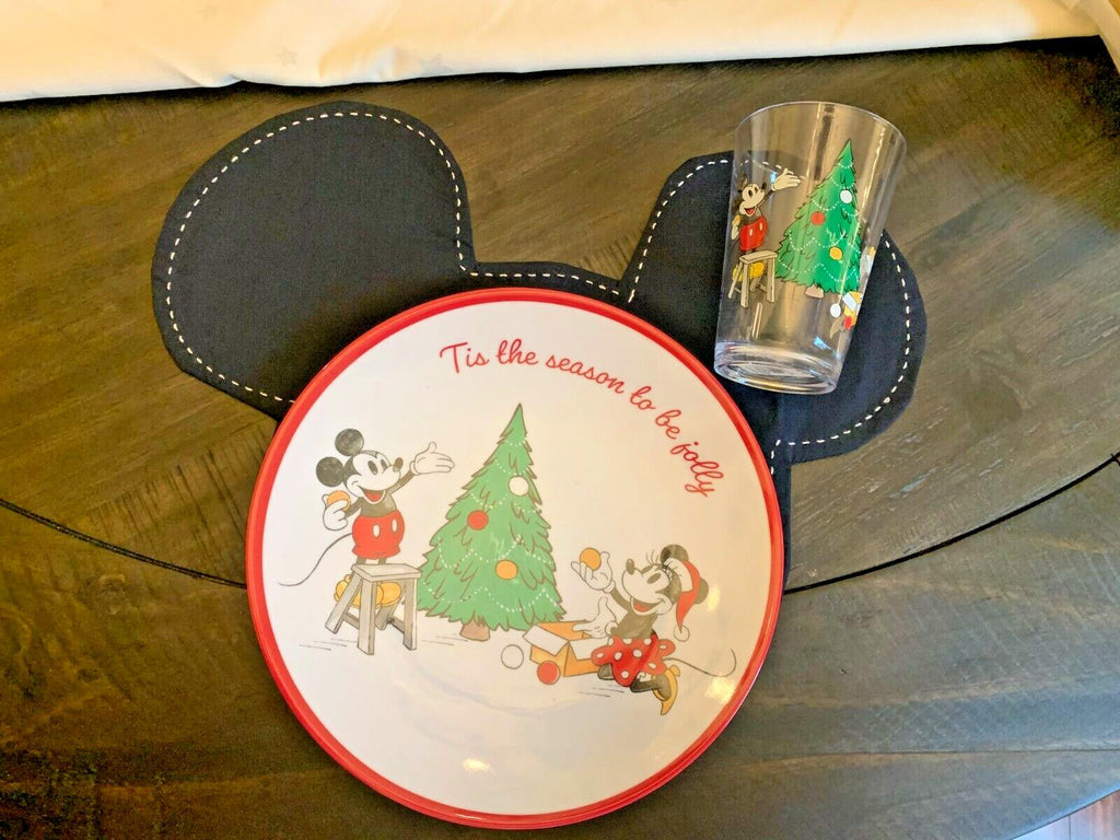 Pottery Barn Mickey Mouse Christmas PLATE+CUP+PLACE MAT Disney holiday Gift ]