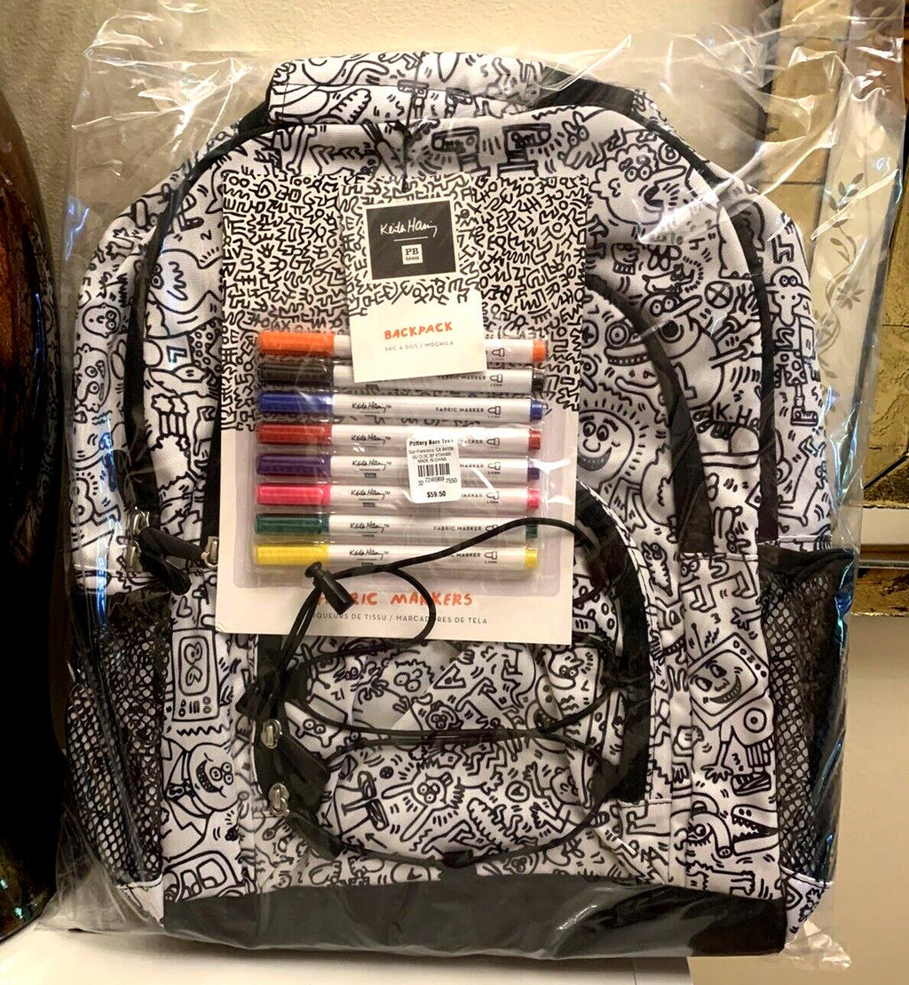 Pottery Barn school Keith Haring LARGE  BAckpack TRAVEL +Markers cartoon comic .