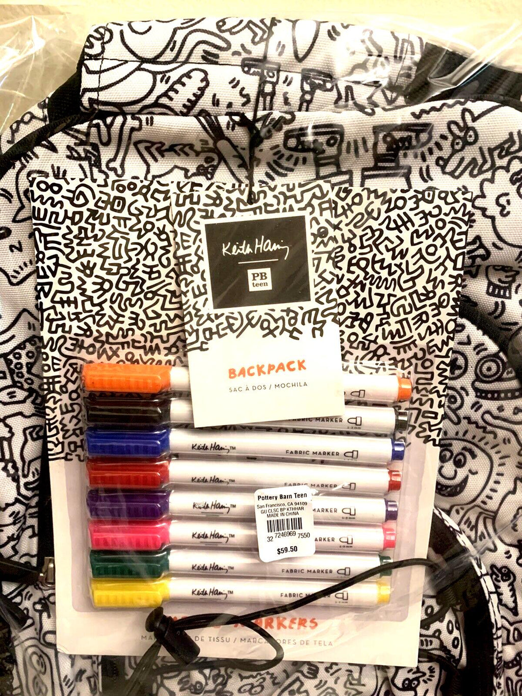 Pottery Barn school Keith Haring LARGE  BAckpack TRAVEL +Markers cartoon comic .
