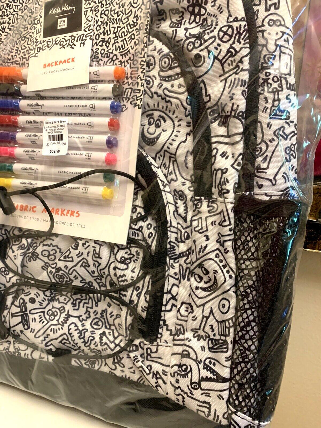 Pottery Barn school Keith Haring LARGE  BAckpack TRAVEL +Markers cartoon comic .