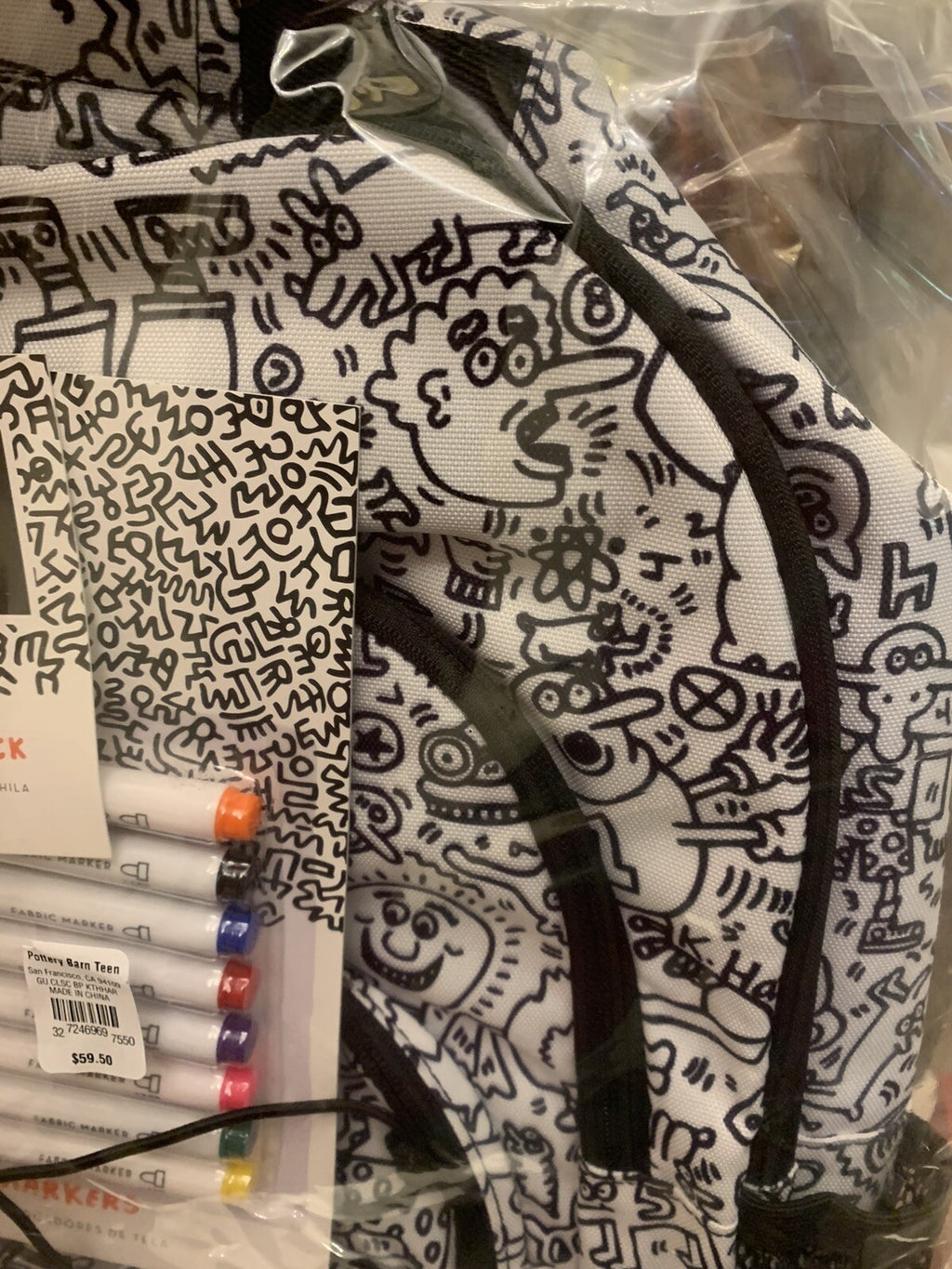 Pottery Barn school Keith Haring LARGE  BAckpack TRAVEL +Markers cartoon comic .