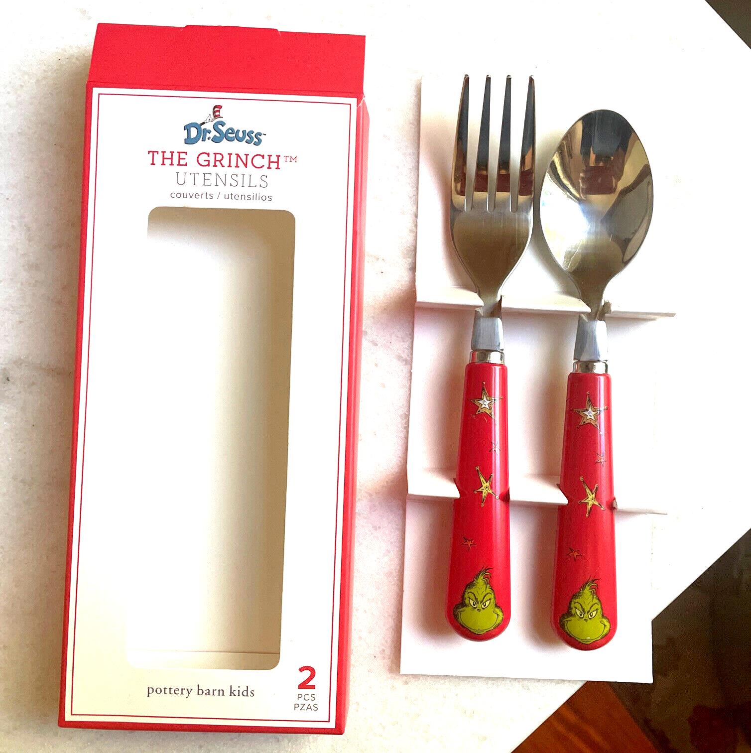 Pottery Barn GRINCH Christmas Disney school Plate +Utensil holiday Seuss party '