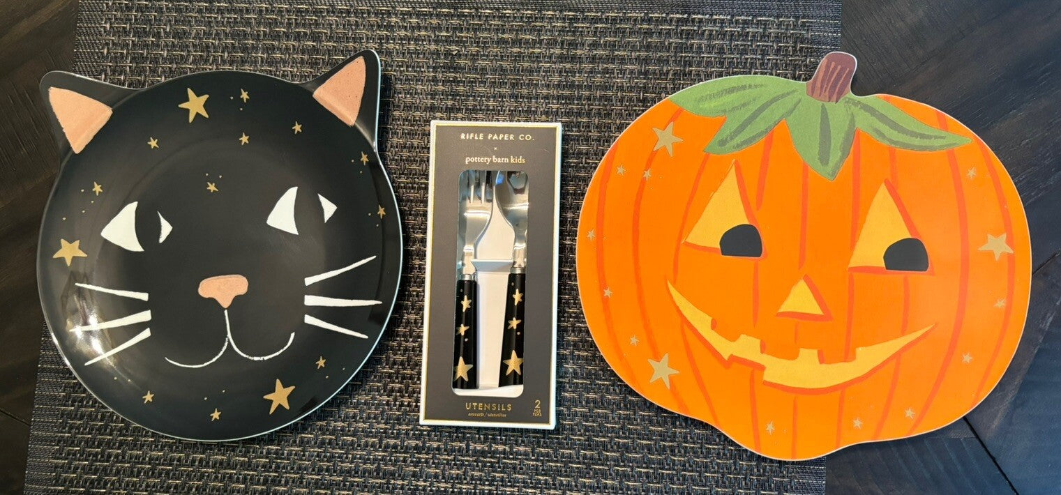 Pottery Barn PLATE  UTENSIL Halloween Holiday party Black Cat Pumpkin kid SET 3