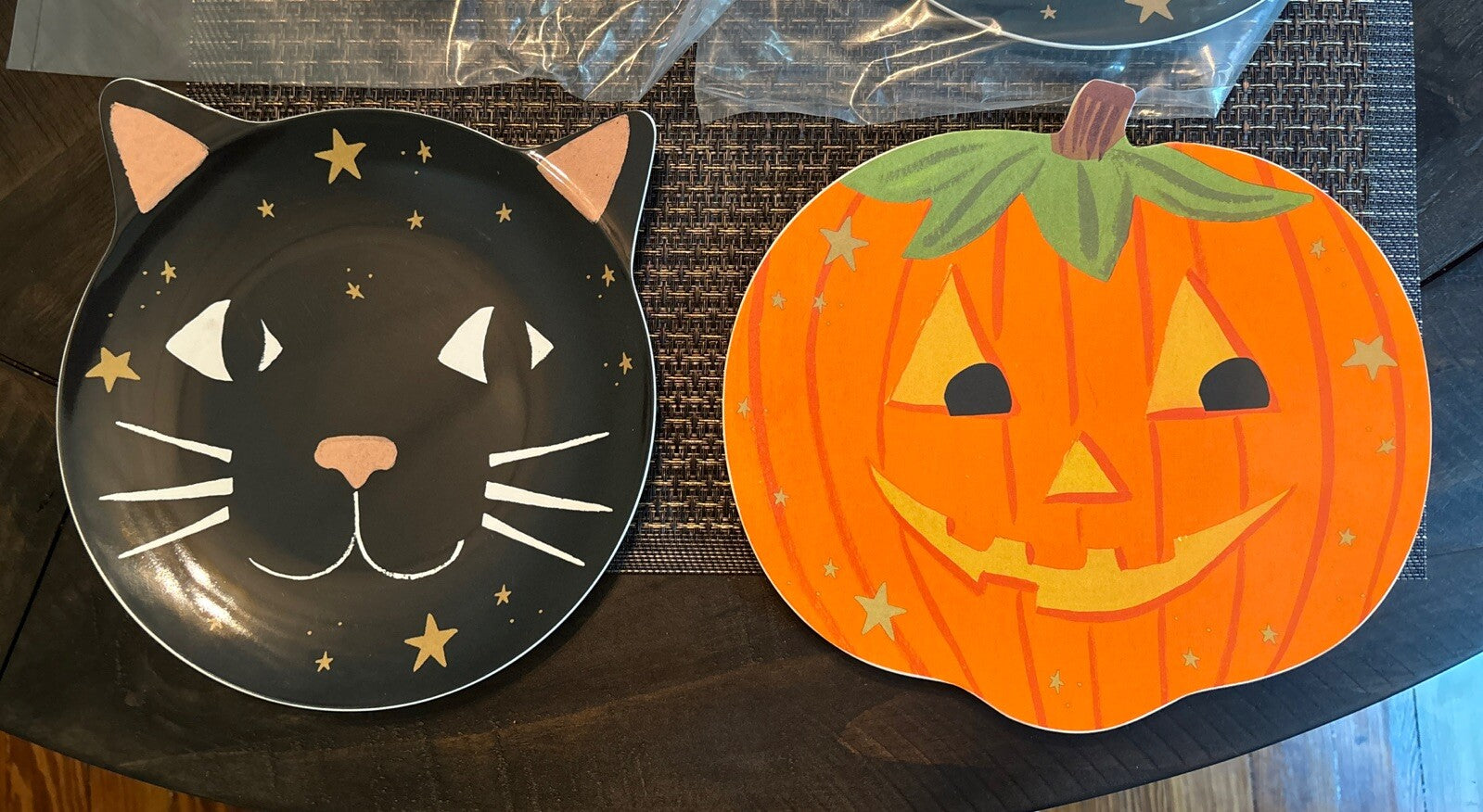 Pottery Barn PLATE  UTENSIL Halloween Holiday party Black Cat Pumpkin kid SET 3