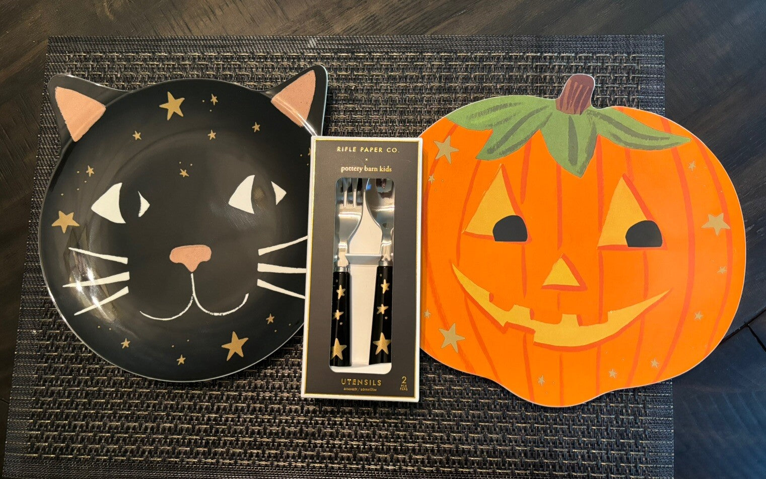 Pottery Barn PLATE  UTENSIL Halloween Holiday party Black Cat Pumpkin kid SET 3