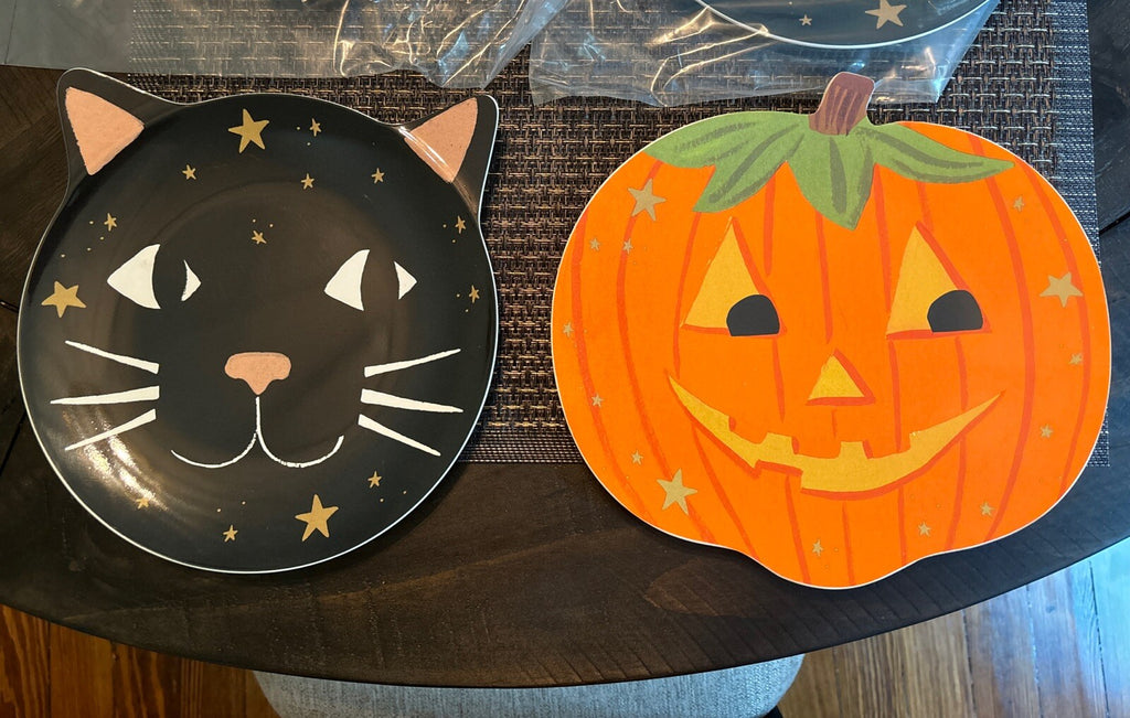 Pottery Barn PLATE  UTENSIL Halloween Holiday party Black Cat Pumpkin kid SET 3