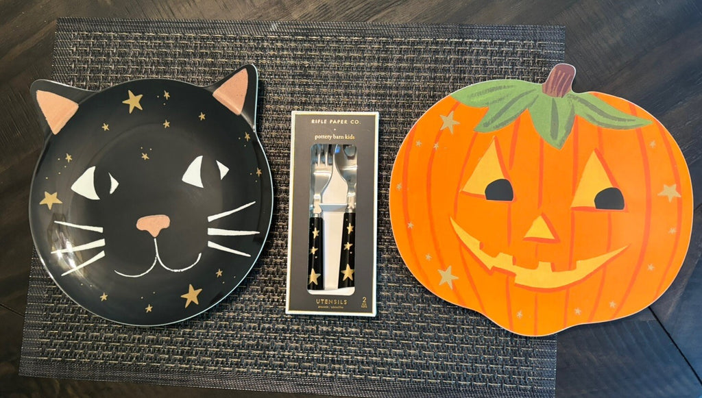 Pottery Barn PLATE  UTENSIL Halloween Holiday party Black Cat Pumpkin kid SET 3