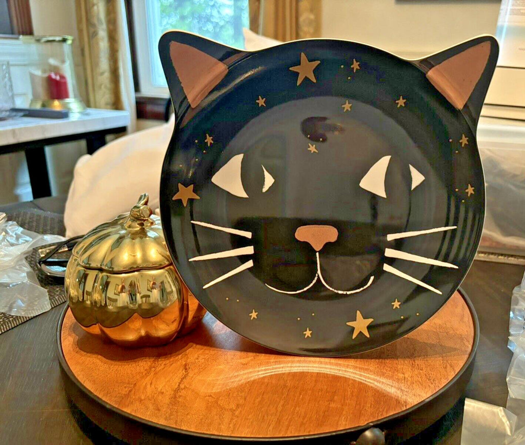 Pottery Barn PLATE  UTENSIL Halloween Holiday party Black Cat Pumpkin kid SET 3