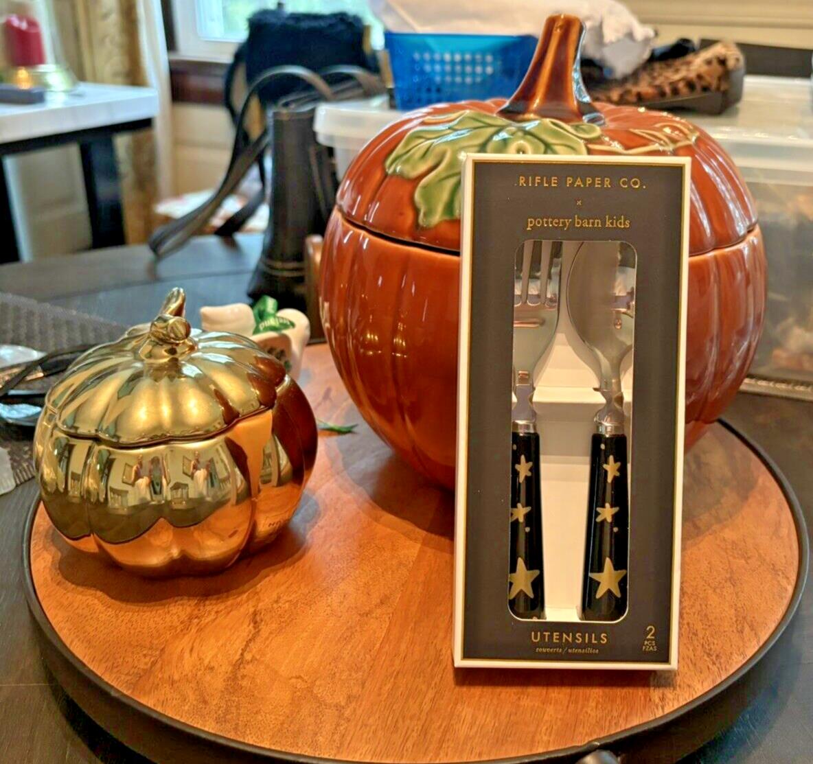 Pottery Barn PLATE  UTENSIL Halloween Holiday party Black Cat Pumpkin kid SET 3