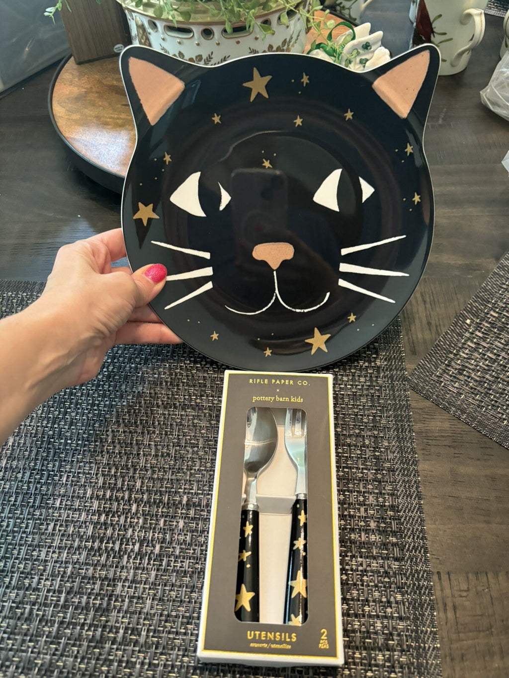 Pottery Barn PLATE  UTENSIL Halloween Holiday party Black Cat Pumpkin kid SET 3