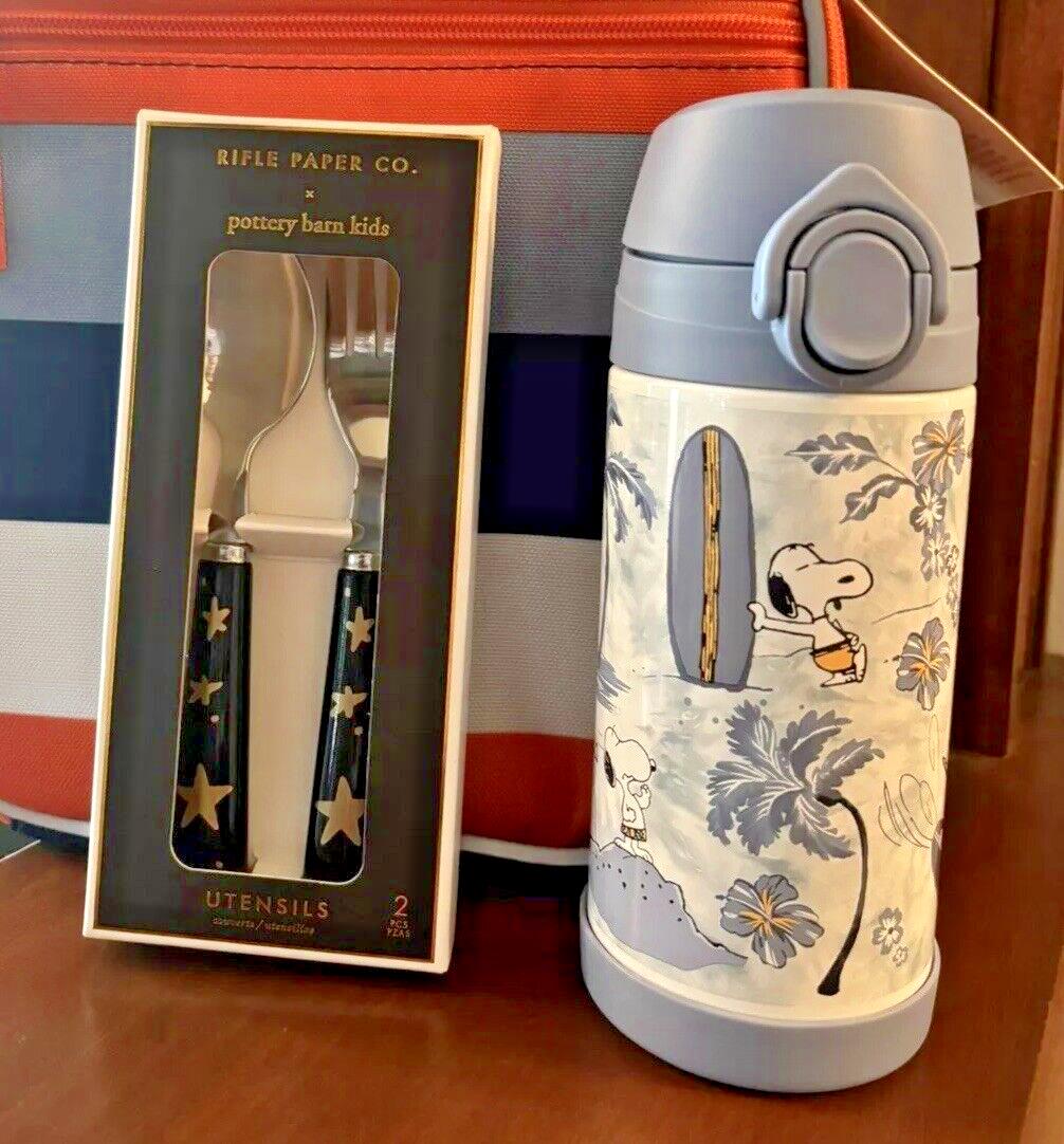 SNOOPY Pottery barn school Peanuts Water Bottle +Utensil Set Disney Beach Star n