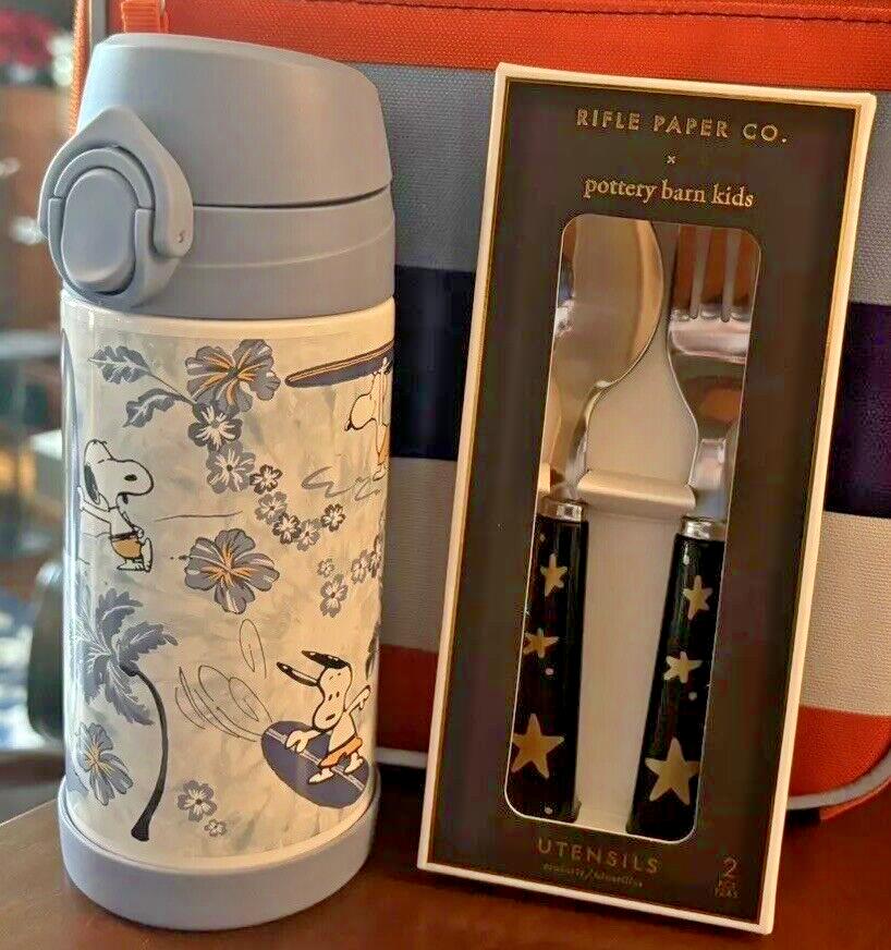 SNOOPY Pottery barn school Peanuts Water Bottle +Utensil Set Disney Beach Star n