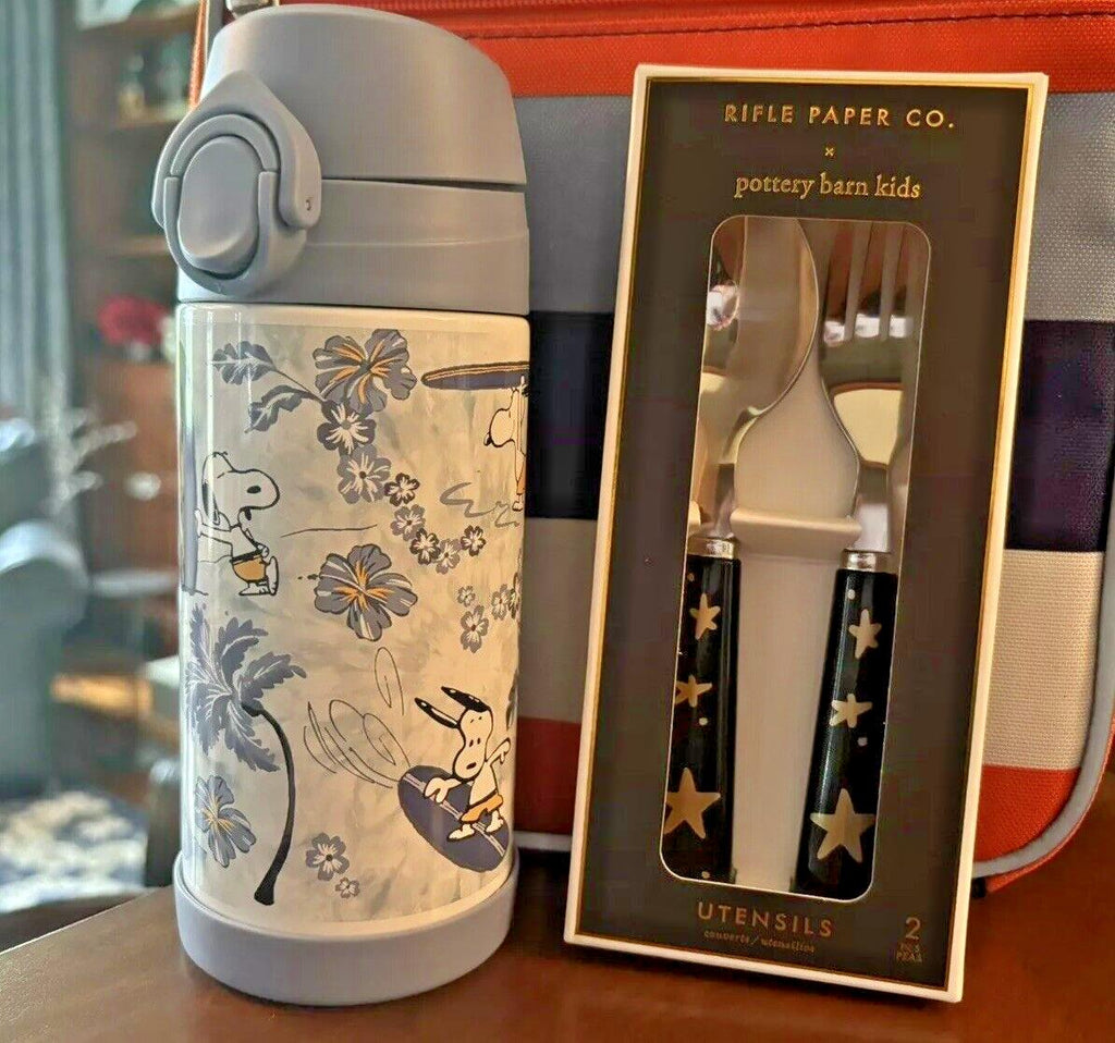 SNOOPY Pottery barn school Peanuts Water Bottle +Utensil Set Disney Beach Star n