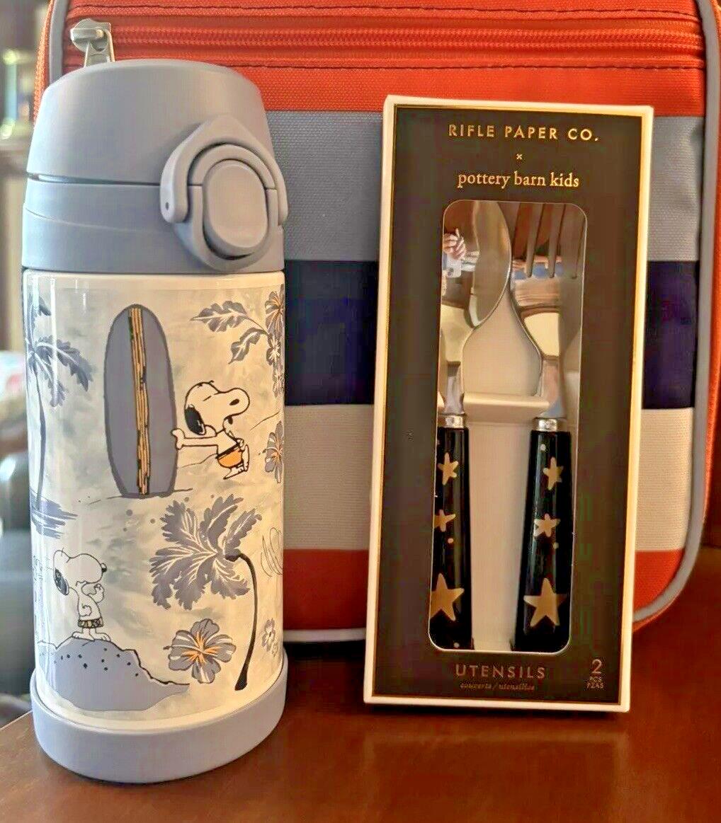 SNOOPY Pottery barn school Peanuts Water Bottle +Utensil Set Disney Beach Star n