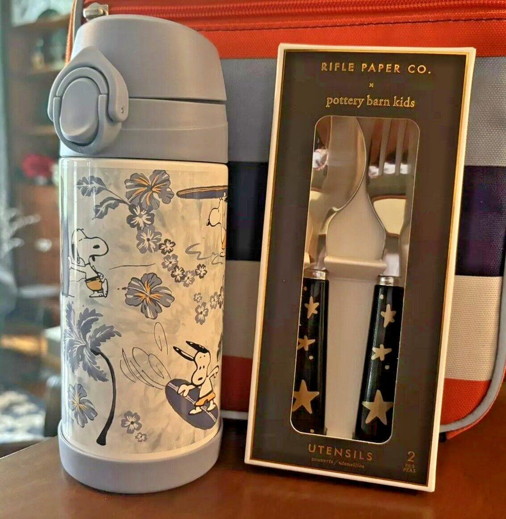 SNOOPY Pottery barn school Peanuts Water Bottle +Utensil Set Disney Beach Star n
