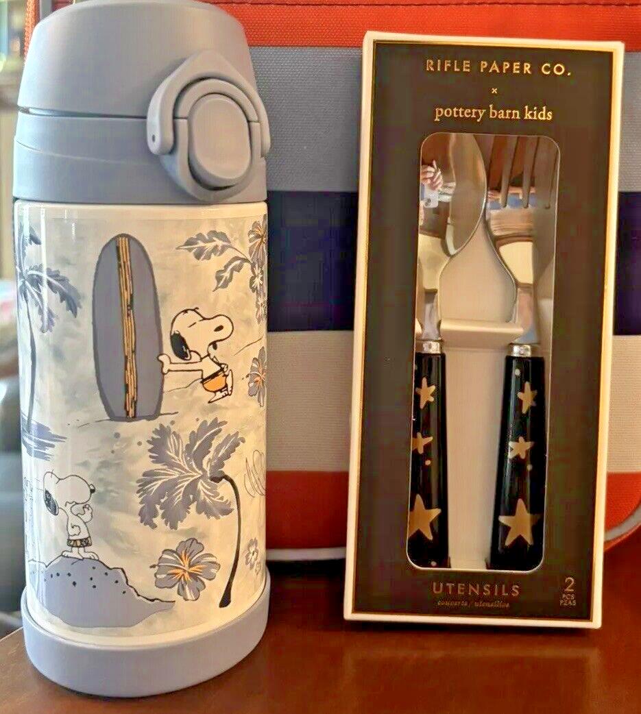 SNOOPY Pottery barn school Peanuts Water Bottle +Utensil Set Disney Beach Star n