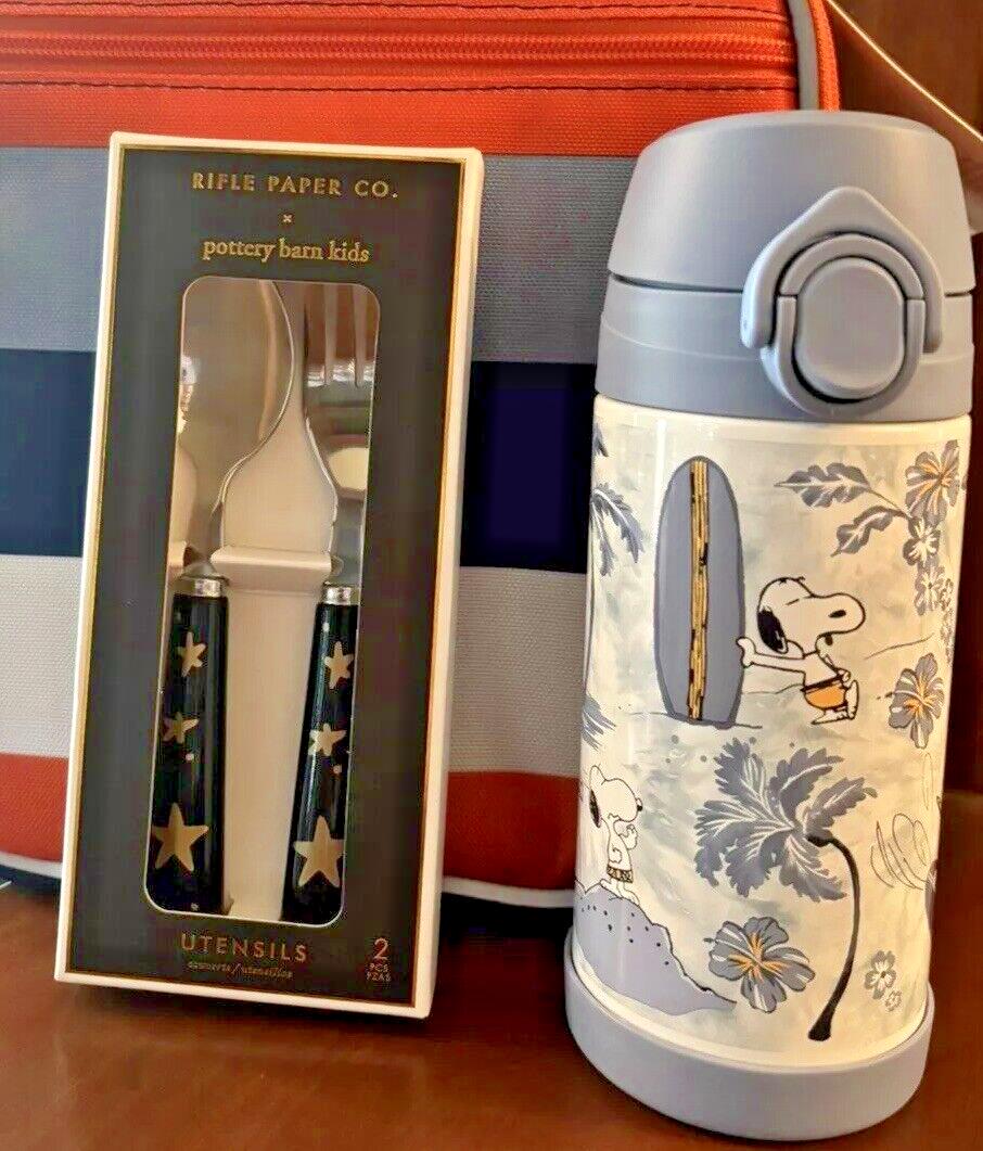 SNOOPY Pottery barn school Peanuts Water Bottle +Utensil Set Disney Beach Star n