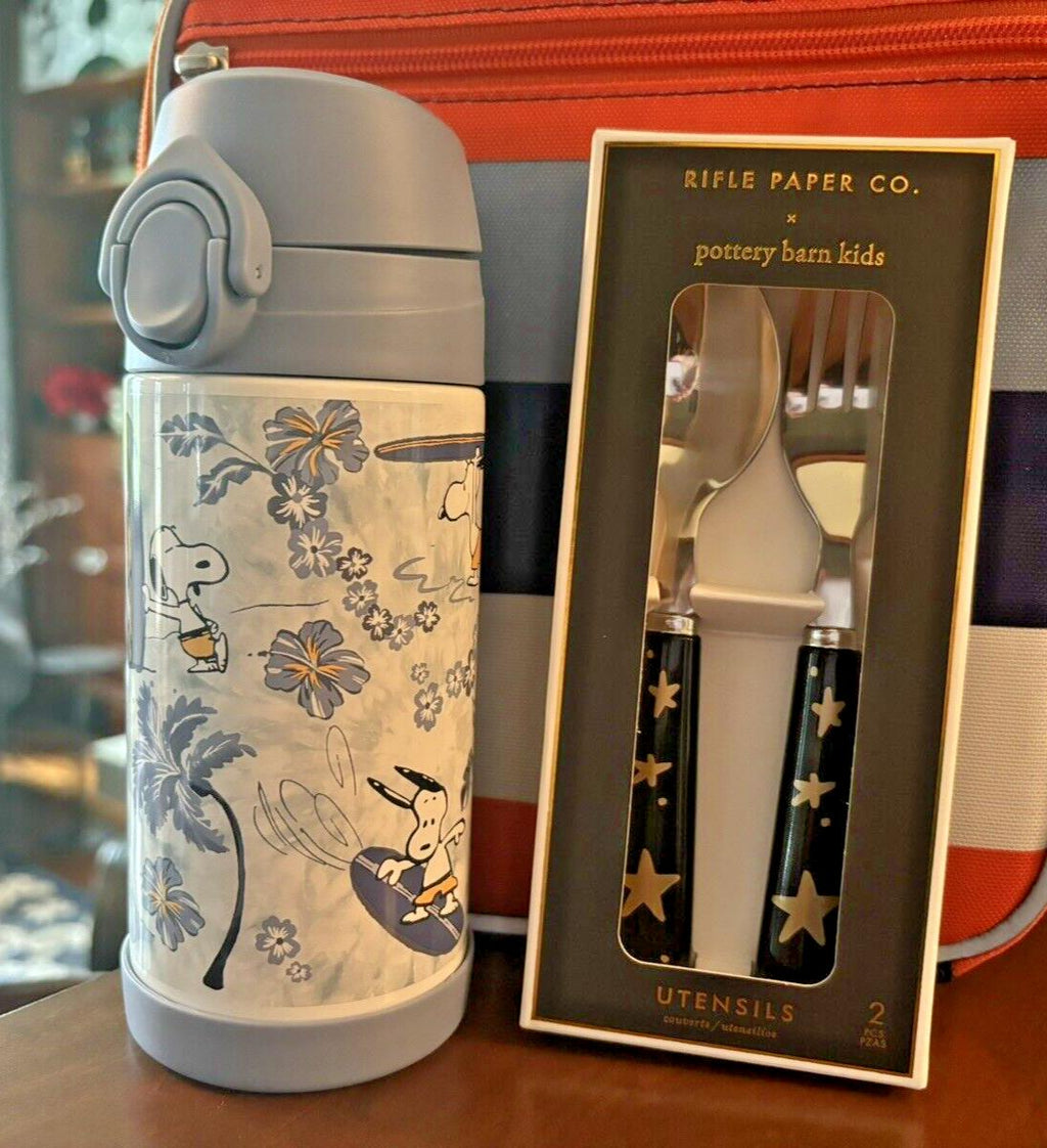 SNOOPY Pottery barn school Peanuts Water Bottle +Utensil Set Disney Beach Star n