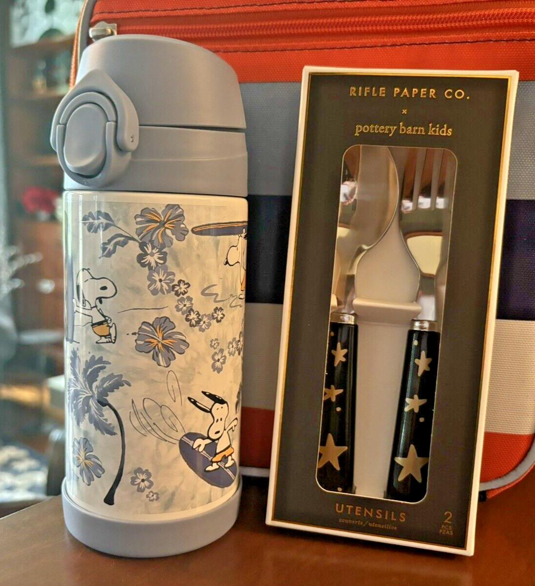 SNOOPY Pottery barn school Peanuts Water Bottle +Utensil Set Disney Beach Star n
