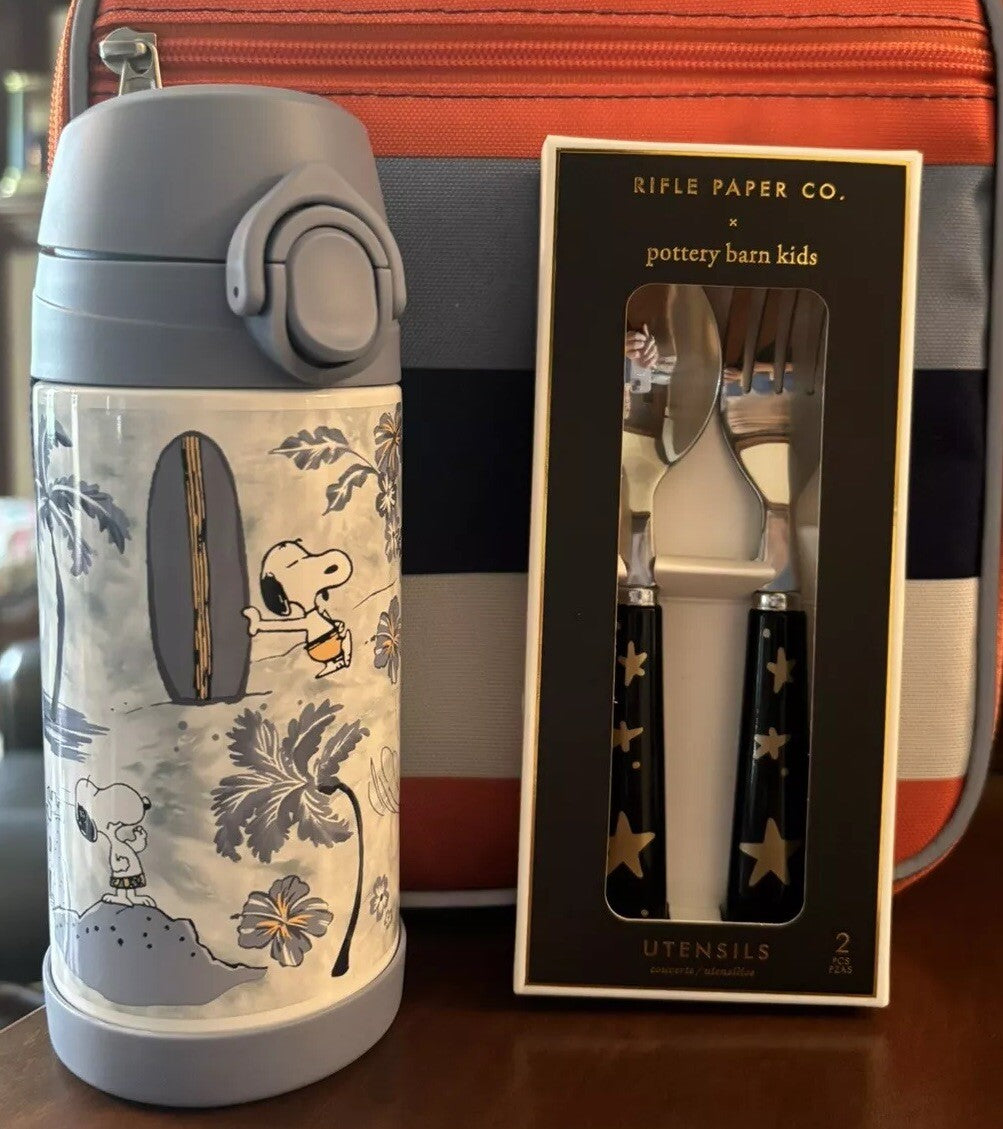 SNOOPY Pottery barn school Peanuts Water Bottle +Utensil Set Disney Beach Star n