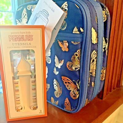 Pottery barn school LUNCH BOX+BENTO+ UTENSIL SET travel hot wheels floral Kitty
